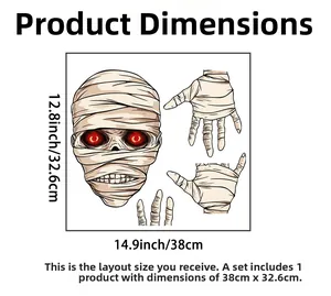 Detailed size chart showing Halloween mummy wall sticker dimensions 38cm by 32.6cm