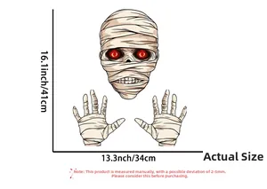Detailed dimension guide for Halloween mummy wall decal with skull and skeletal hands