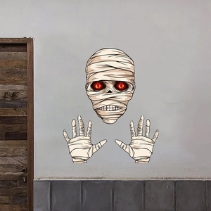 Halloween mummy wall decal with glowing red eyes for spooky indoor room decoration