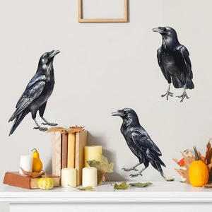 Detailed realistic watercolor black crow wall decals set for Halloween room decoration