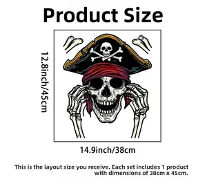 Size chart showing dimensions for the 38cm by 45cm Halloween pirate skull wall sticker