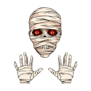 Halloween mummy wall sticker with glowing red eyes and yellow bandages for home decor