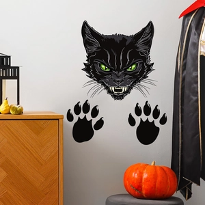 Adesivi murali di Halloween con testa di gatto nero e occhi verdi per decorazioni