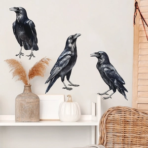 Three realistic black raven wall stickers for Halloween home decor in living room