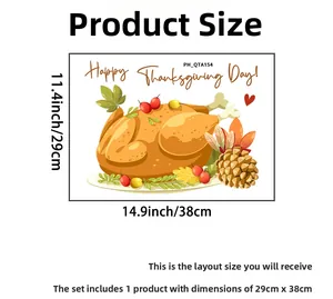 Detailed Thanksgiving turkey wall decal layout with autumn leaves and product dimensions