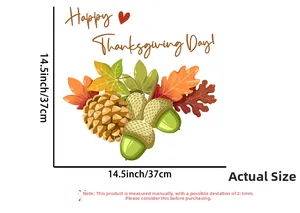 Detailed size chart for Thanksgiving stickers featuring maple leaves and pinecones