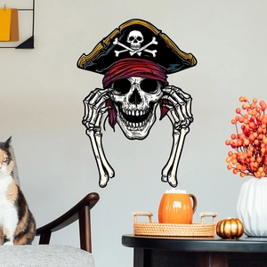Pirate skull wall decal with hat and purple bandana for Halloween home room decoration
