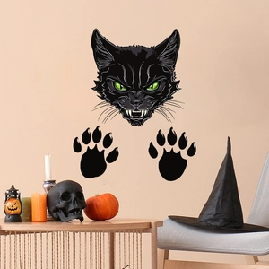 Adesivo Murale Gatto Nero di Halloween Horror Occhi Verdi Zanne Orme di Gatto per Soggiorno Camera da Letto Festa Decorazione Casa PVC