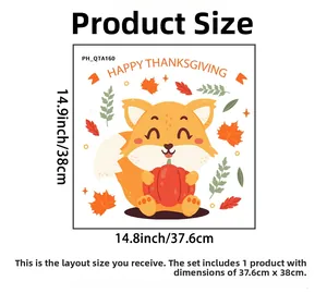 Detailed size chart showing 38x37.6cm dimensions for the autumn fox wall sticker