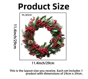 Detail view of a 29x29cm Christmas wreath wall sticker with red berries and pine cones
