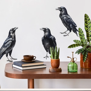 Three realistic black raven wall stickers for Halloween home decor in minimalist art style
