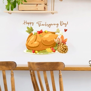 Cartoon turkey Thanksgiving wall sticker with autumn leaves for cozy home dining room decor