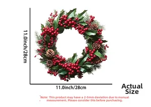Detail showing 11 inch Christmas wreath size with red berries and pine cones