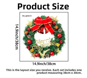 Detailed size chart for Christmas pine needle wreath wall sticker, 14.9 inch dimensions