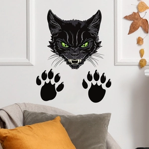 Adesivo murale gatto nero spaventoso con occhi verdi e artigli per decoro Halloween