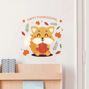 Happy Thanksgiving wall decal with cute fox and pumpkin for festive home decoration