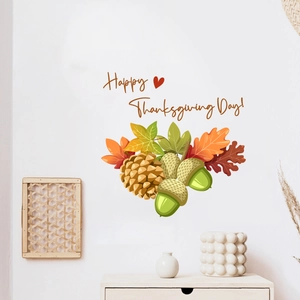 Modern living room wall stickers featuring autumn leaves, pine cones and Thanksgiving greetings