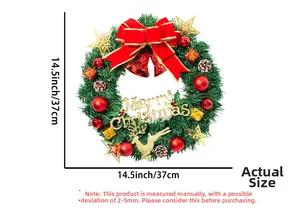 Detail view of a 14.5-inch Christmas wreath with red bow, golden deer, and bells