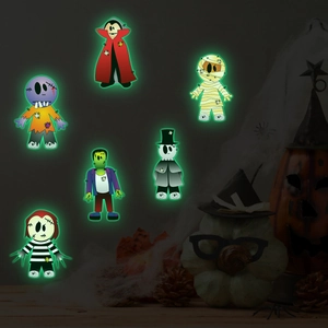 Luminous Halloween wall stickers featuring glowing cartoon vampire and mummy characters