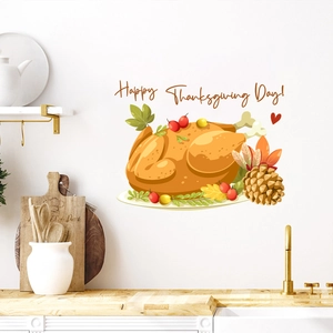 Detail of Thanksgiving turkey wall decal with Happy Thanksgiving text on white kitchen wall