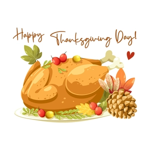 Thanksgiving roasted turkey wall sticker with Happy Thanksgiving Day text and autumn leaves