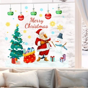 Merry Christmas window decals with Santa and snowman displayed on a glass window