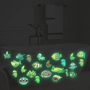 Luminous ocean creature wall stickers featuring glowing octopus and turtle for bathroom decor
