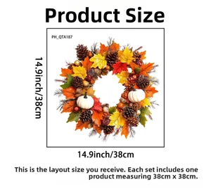 Detailed view of the 38cm autumn wreath with pine cones, pumpkins and maple leaves