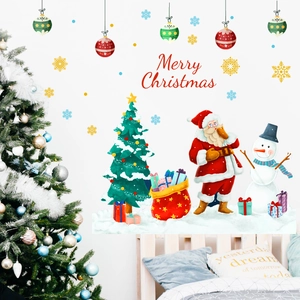 Detailed watercolor Christmas wall stickers with Santa, snowman and tree in bedroom