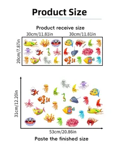 Luminous ocean creature wall decal size chart with dimensions for jellyfish and coral
