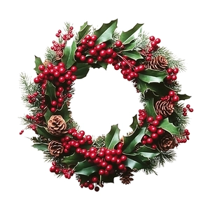 Classic Christmas wreath with red berries, pine cones and green holly leaves decoration