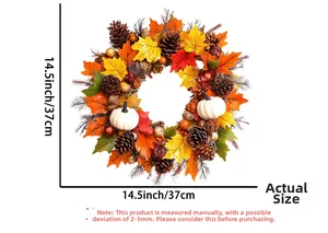 Detail showing a 14.5-inch autumn wreath with pumpkins, pinecones, and colorful maple leaves