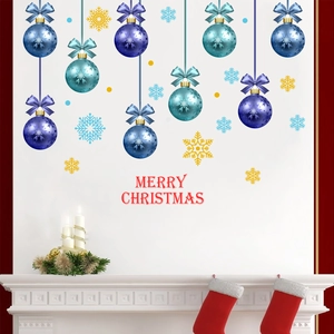 Blue Christmas ball hanging stickers with snowflakes and Merry Christmas wall decals