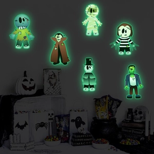 Luminous Halloween wall stickers featuring glowing zombie, vampire, and skeleton characters