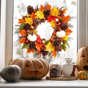 Autumn wreath with maple leaves, pine cones and white pumpkins on a bright window