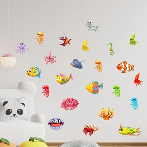 Luminous ocean creature wall stickers featuring colorful fish and coral for kids room