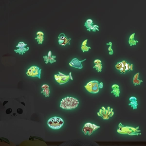 Luminous ocean creature wall stickers showing glowing jellyfish and fish in dark room