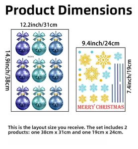 Size chart for Christmas snowflake and ball wall stickers showing layout dimensions in detail
