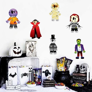 Close-up of 6 cute Halloween monster stickers including zombie, vampire and mummy characters