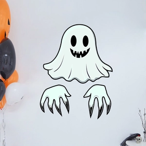 Stickers muraux fantôme d'Halloween avec visage rigolo et mains sur mur blanc