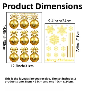 Detaillierte Blattmaße für goldene Weihnachtskugel und Schneeflocken Aufkleber