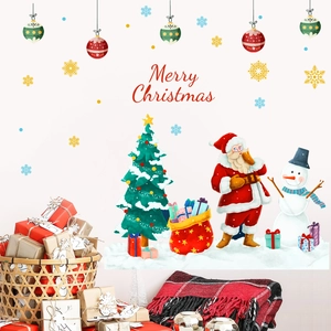 Merry Christmas wall decals featuring Santa, snowman, and tree for home holiday decoration
