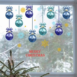 Blue and purple Christmas ball stickers with snowflakes and Merry Christmas text decor