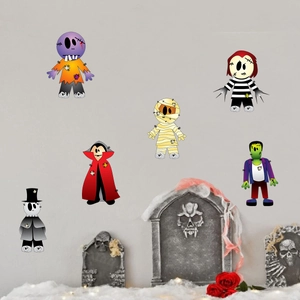 Detailed view of colorful cartoon monster stickers for Halloween wall decoration