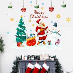 Watercolor Christmas wall stickers with Santa Claus, snowman and tree by a fireplace