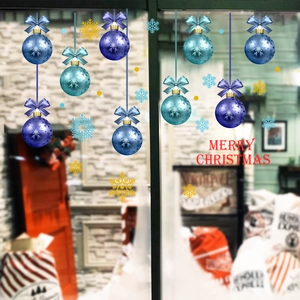 Blue Christmas ball ornaments and snowflake wall stickers with Merry Christmas text for windows