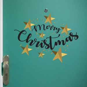 Merry Christmas wall decal with golden 3D stars for festive home door and room decoration