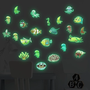 Detailed view of luminous ocean sea creature wall stickers glowing in a dark room setting