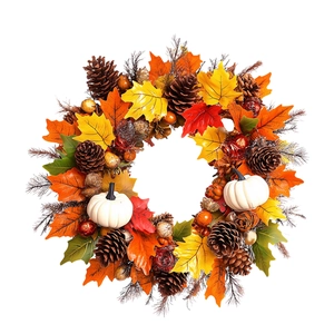 Fall autumn wreath with maple leaves pine cones and white pumpkins for Thanksgiving decor