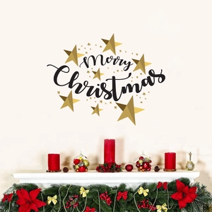 Merry Christmas wall decal with golden stars for festive bedroom and living room decor